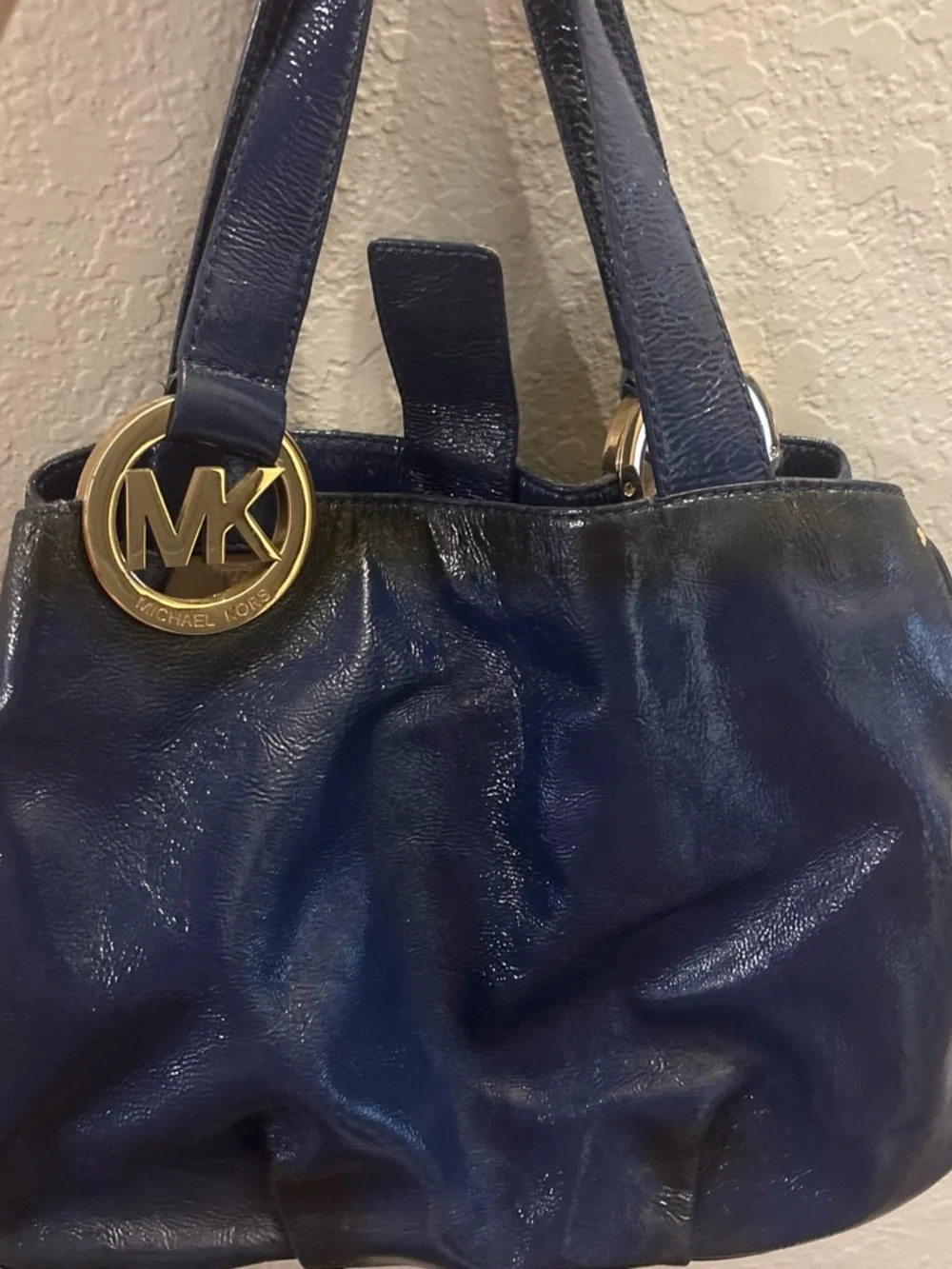 Vintage Michael Kors Dark Navy Leather Shoulder Bag with Gold MK Charm